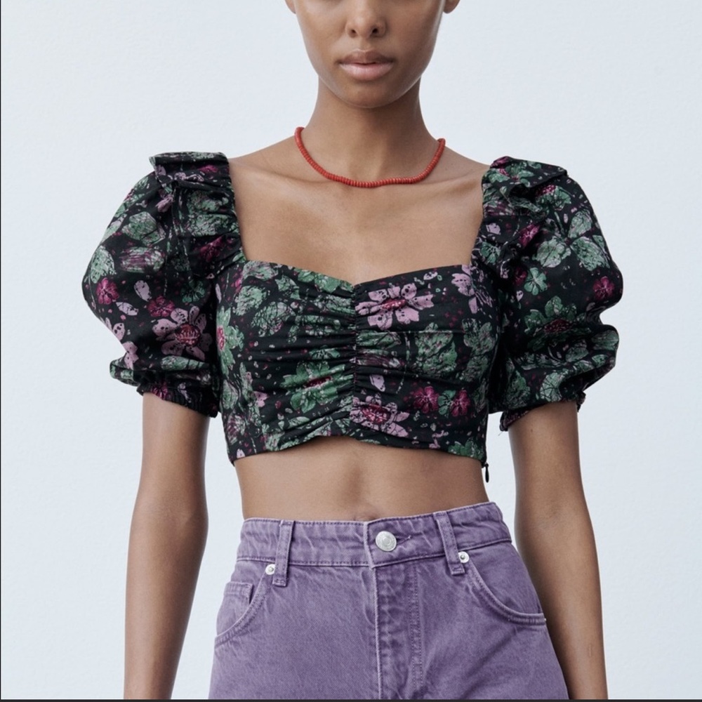 Zara Purple Flowers Black Springtime Crop Top